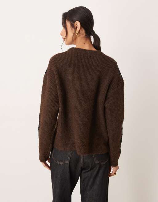 ASOS DESIGN lace insert boxy crew neck jumper in chocolate, 3 of 4
