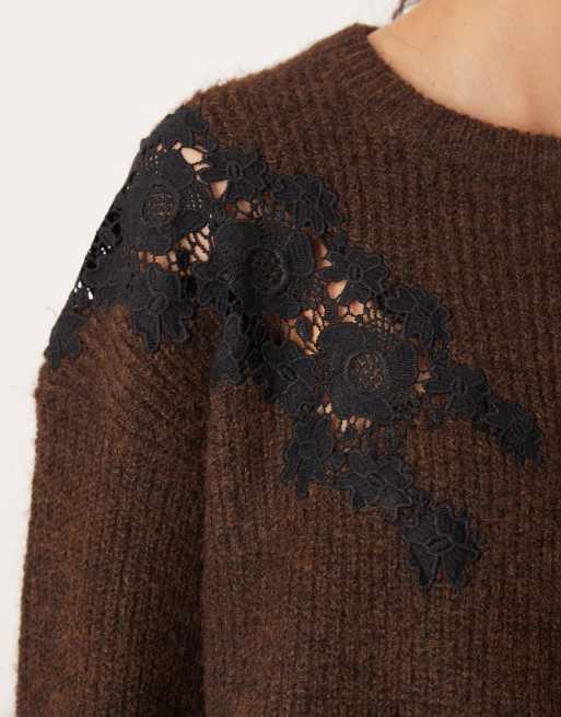ASOS DESIGN lace insert boxy crew neck jumper in chocolate, 4 of 4