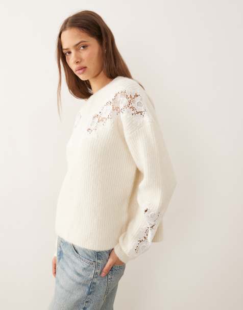 ASOS DESIGN lace insert boxy crew neck jumper in cream - view 1