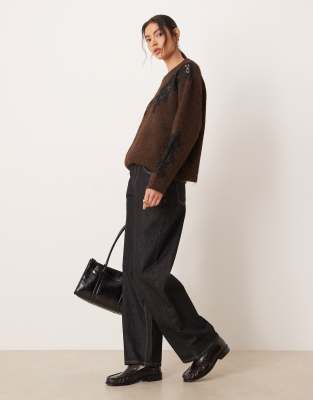 Asos Design Lace Insert Boxy Crew Neck Sweater In Brown