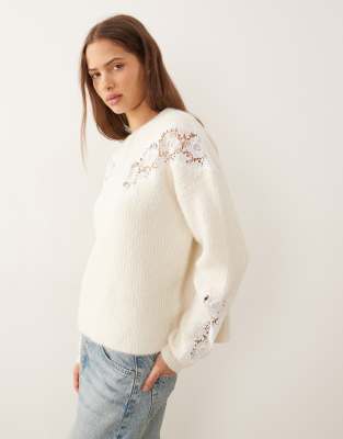 Asos Design Lace Insert Boxy Crew Neck Sweater In White