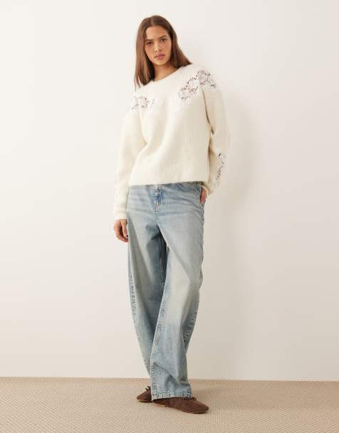 ASOS DESIGN lace insert boxy crew neck sweater in cream - view 1