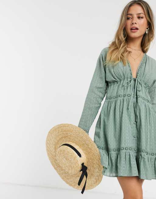 Asos Design Lace Insert Button Through Mini Smock Dress In Khaki Asos