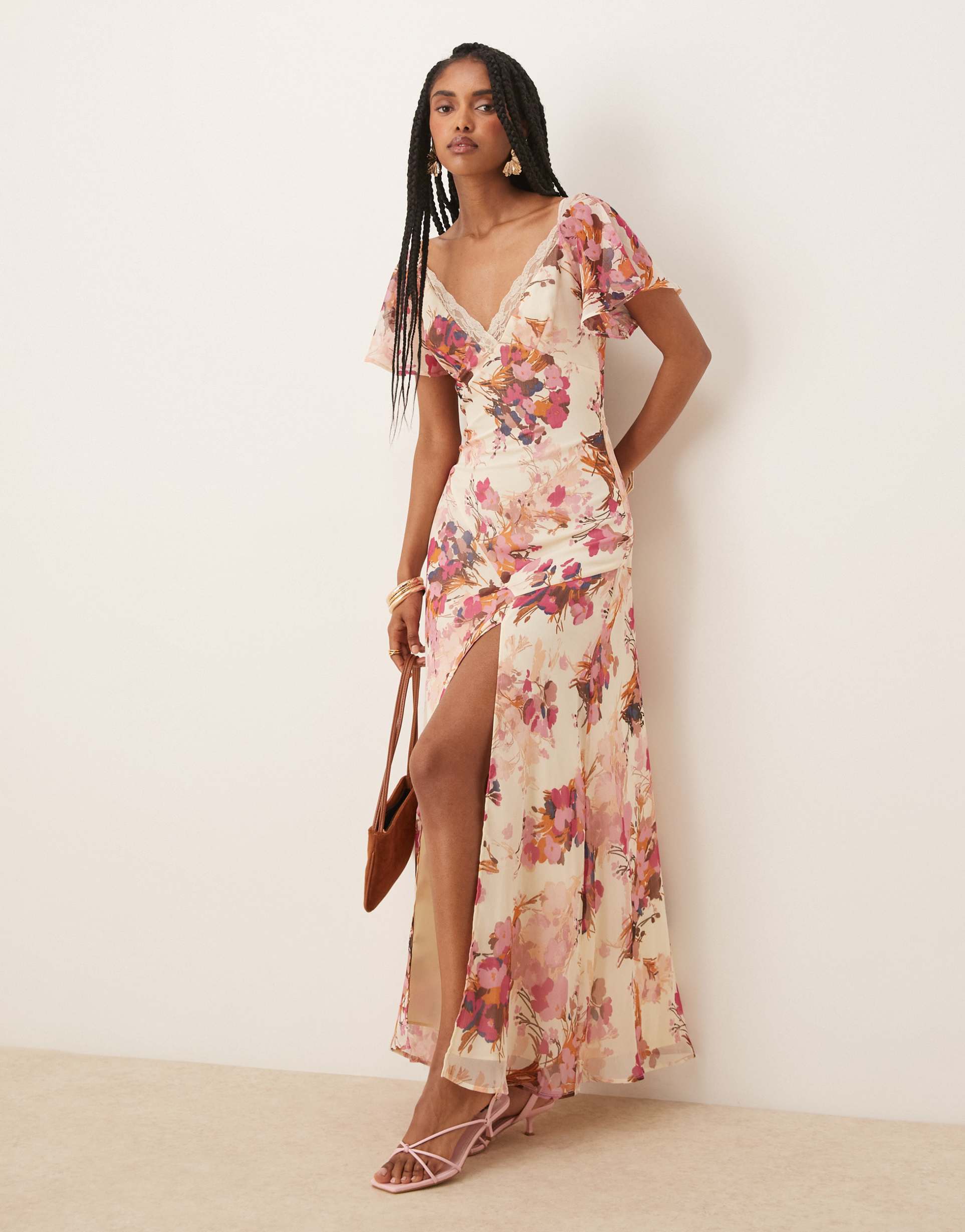 asos design lace insert chiffon midi tea dress in floral print