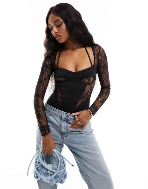 Women's Black Bodysuits  Black Lace, Jersey & Short Sleeve