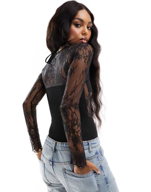 Captivating Energy Black Long Sleeve Lace-Up Corset Bodysuit