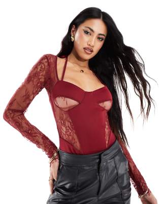 lace insert corset bodysuit with shrug detail in burgundy-Red