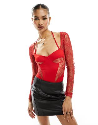 Asos Design Lace Insert Corset Bodysuit With Shrug Detail In Red