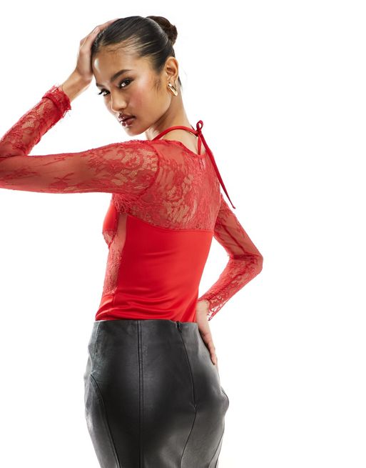 ASOS DESIGN lace insert corset bodysuit with shrug detail in red