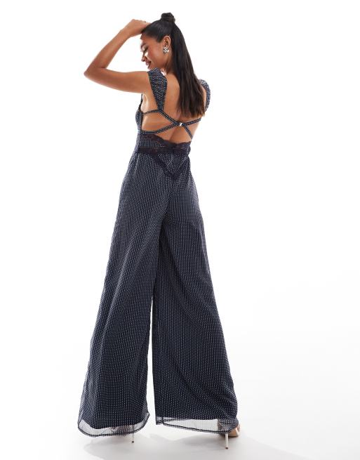 ASOS DESIGN lace insert corset detail wide leg jumpsuit in black spot ASOS