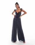 [ASOS DESIGN] ASOS DESIGN lace insert corset detail wide leg jumpsuit in dusky blue-Multi 14 Dusky Blue