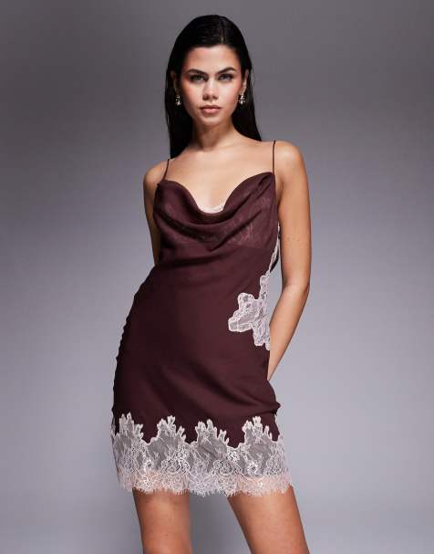 ASOS DESIGN lace insert cowl neck mini dress in chocolate - view 1