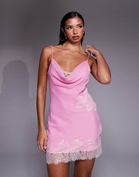 ASOS DESIGN lace insert cowl neck mini dress in pink - view 1