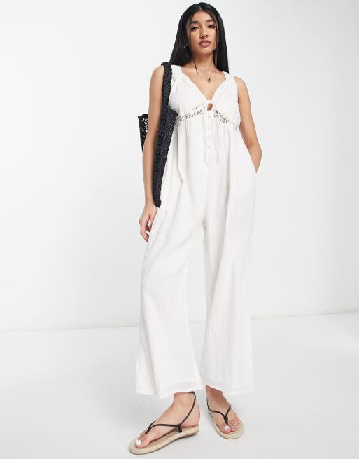 ASOS DESIGN lace insert crinkle smock jumpsuit in white