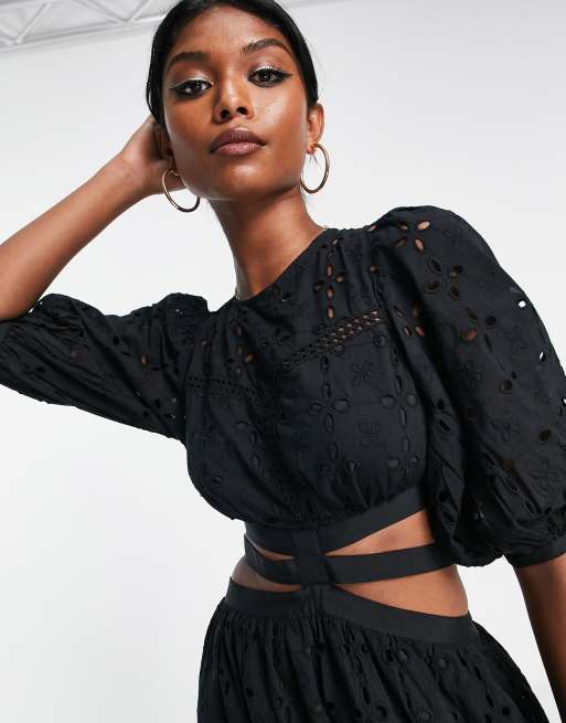 ASOS DESIGN lace insert cutout midi broderie dress in black, 3 of 4