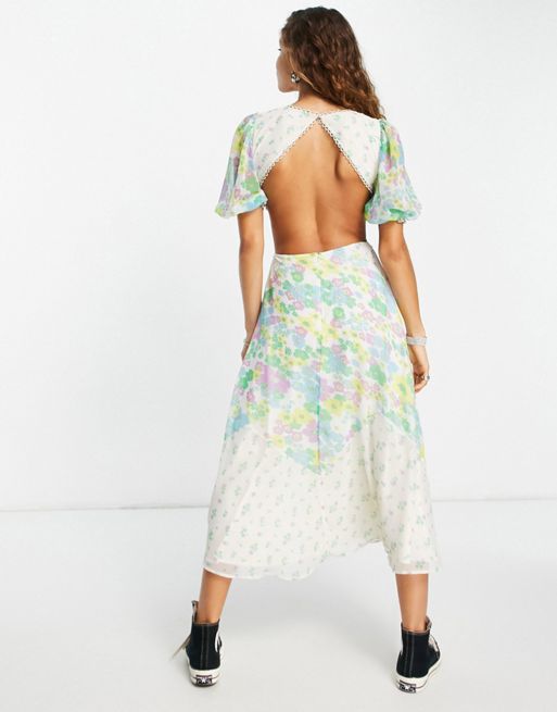 FhyzicsShops DESIGN lace insert cutout tea midi dress in mixed print