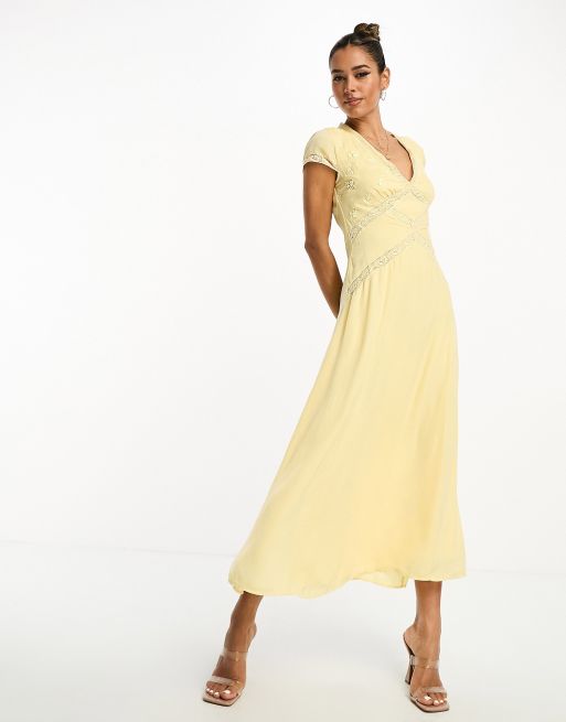 ASOS DESIGN lace insert embroidered bodice satin midi dress in buttermilk, 4 of 4
