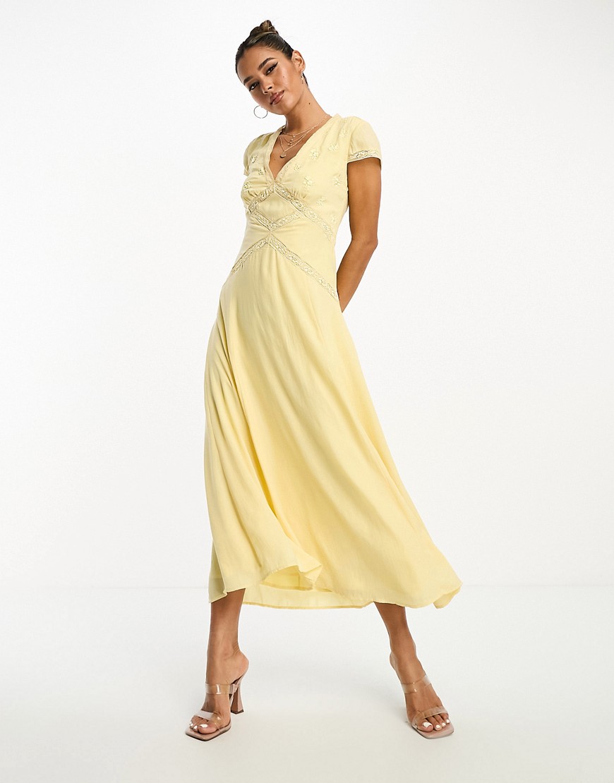 ASOS DESIGN lace insert emroidered bodice satin midi dress in buttermilk-Yellow