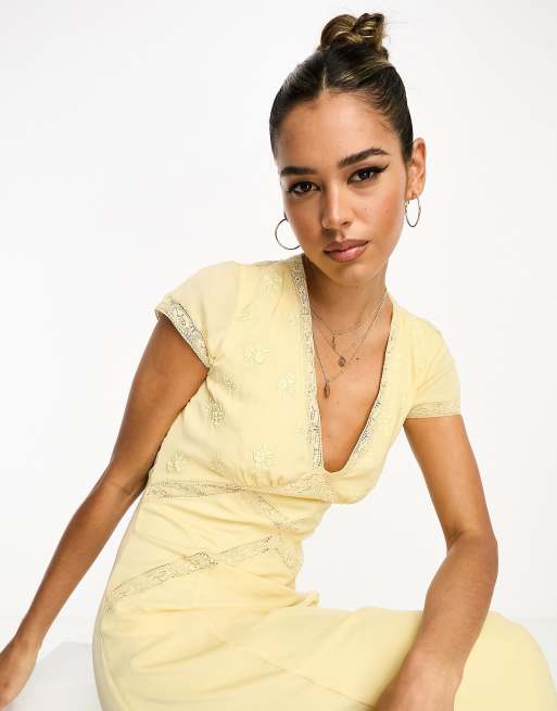 ASOS DESIGN lace insert emroidered bodice satin midi dress in buttermilk, 3 of 4