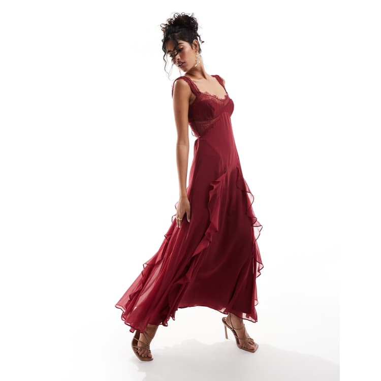 ASOS DESIGN lace insert frill detail midi dress with tie