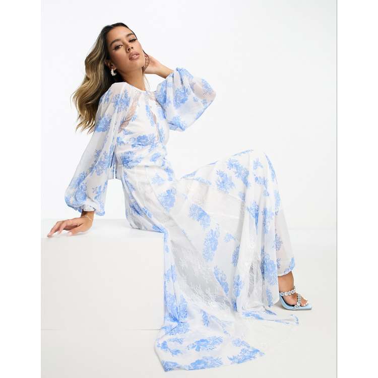 blue lace godet maxi dress Dusty Blue Lace Maxi Dress with Cut Out