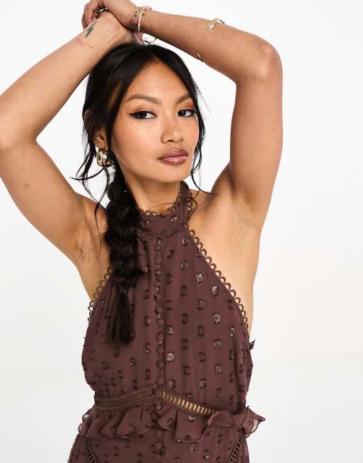 Lace panel dobby sale mesh halter dress