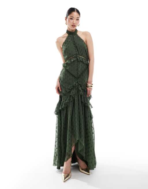 FhyzicsShops DESIGN lace insert halter tiered maxi dress in metallic dobby with circle trim in dark green