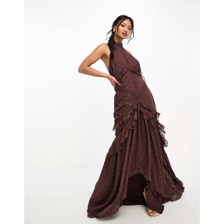 ASOS DESIGN lace insert halter tiered maxi dress in metallic texture with  circle trim in burgundy