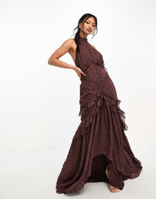 ASOS DESIGN lace insert halter tiered maxi dress in metallic texture with  circle trim in burgundy