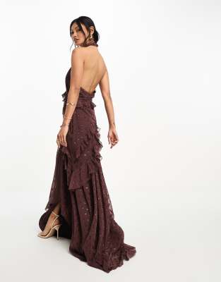 ASOS DESIGN lace insert halter tiered maxi dress in metallic texture with  circle trim in burgundy