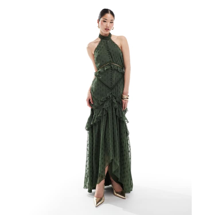 lace panel layered ruffle halter dress Anya Linen Halter Mini Dress / Oat Marle | MESHKI