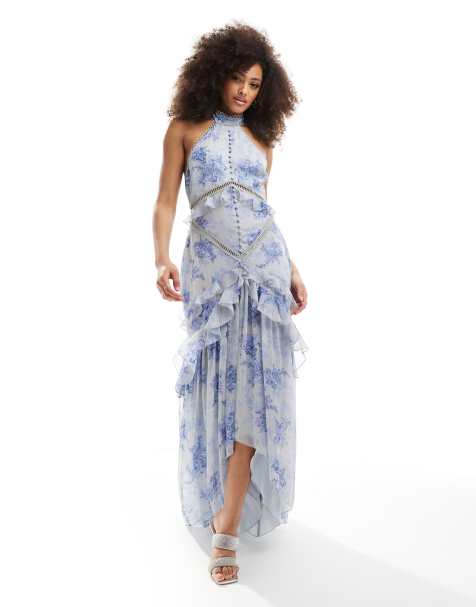 ASOS DESIGN lace insert halter tiered maxi dress with circle trim in vintage floral print - view 1