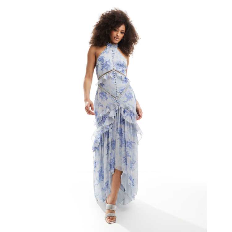 ASOS DESIGN lace insert halter tiered maxi dress with circle trim in vintage floral print ASOS