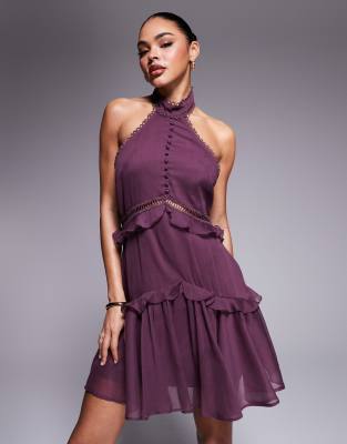Asos Design Lace Insert Halter Tiered Mini Dress
