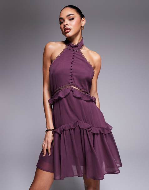ASOS DESIGN lace insert halter tiered mini in aubergine - view 1