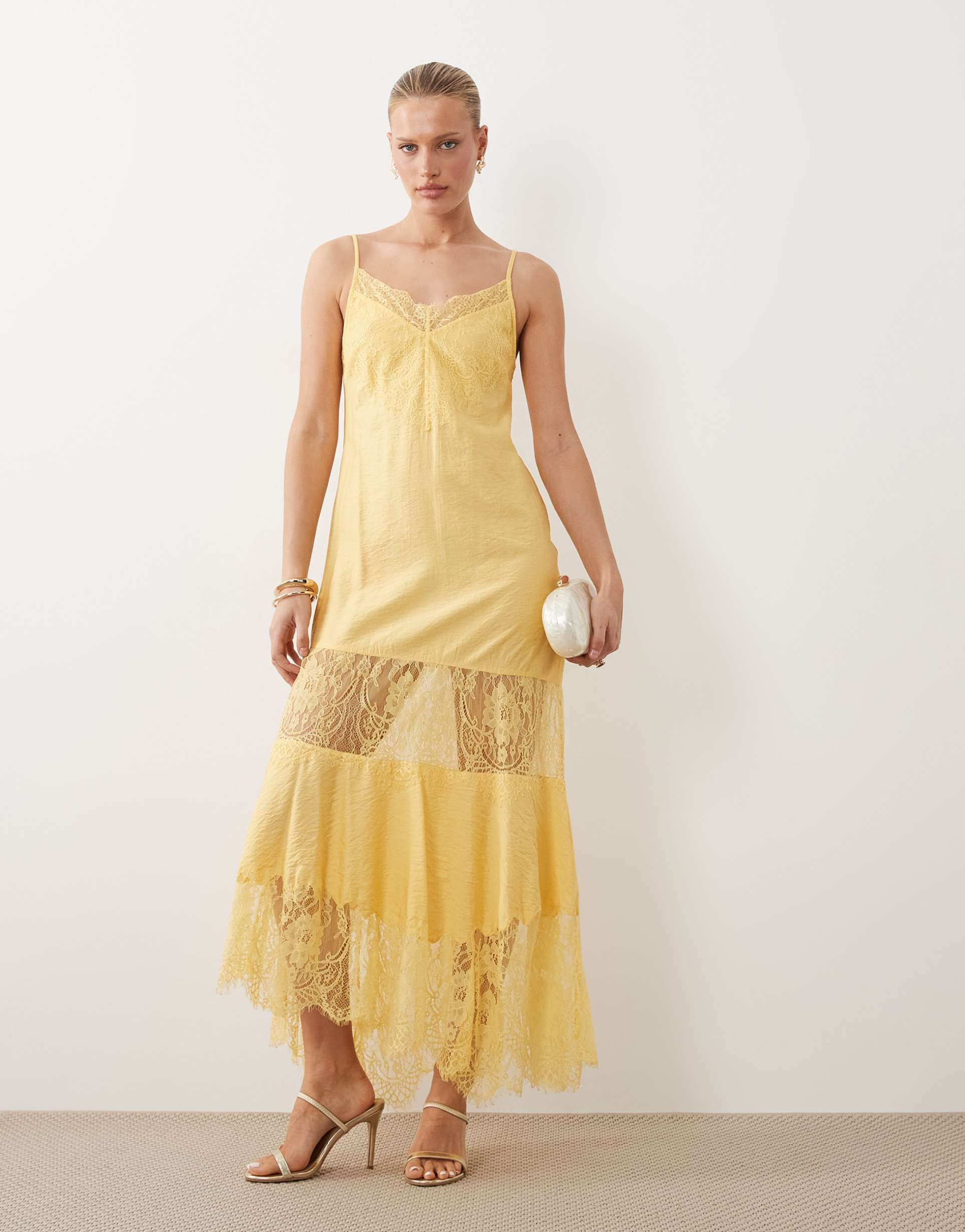 asos design lace insert hanky hem maxi dress in ochre