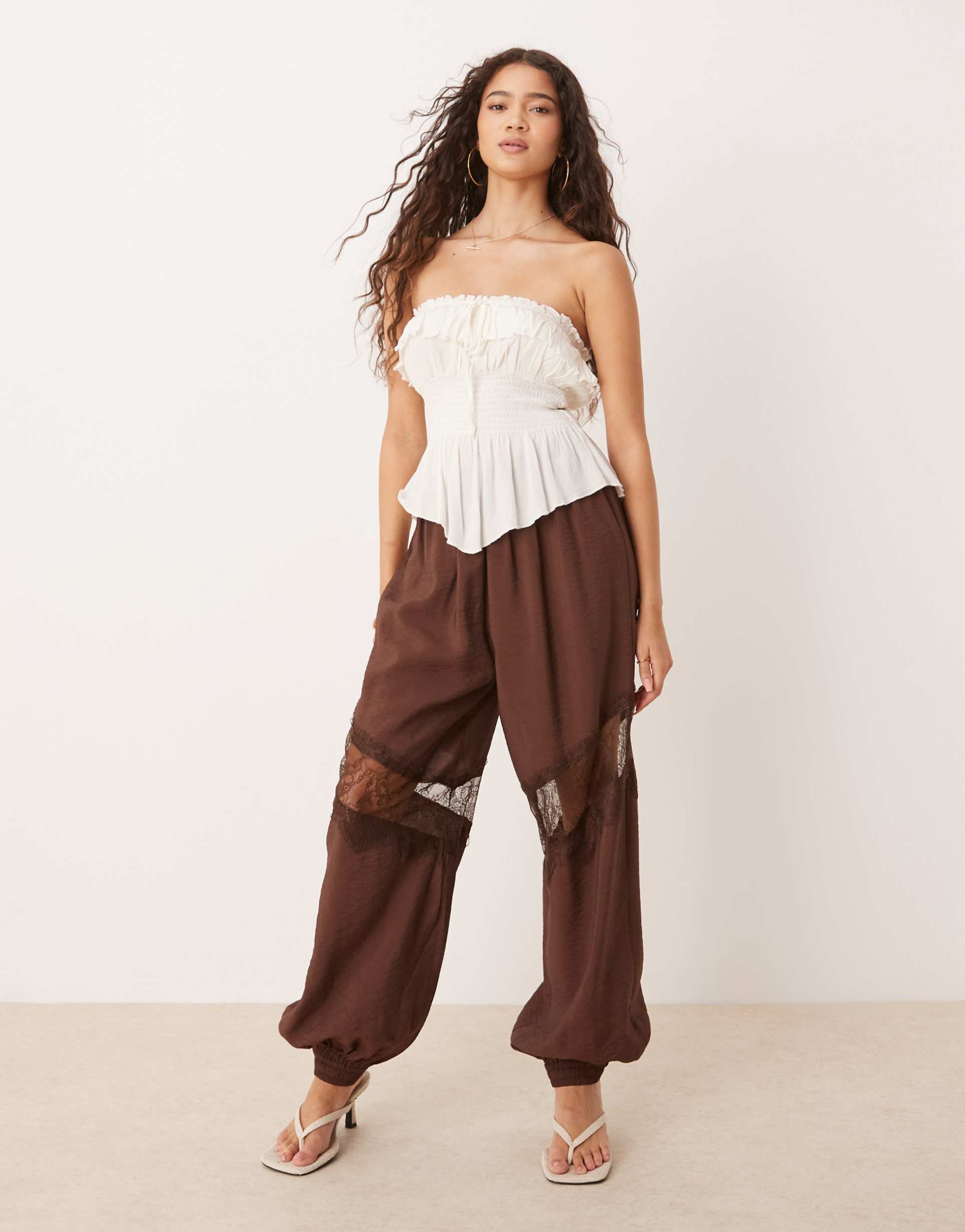 asos design lace insert harem pants in chocolate