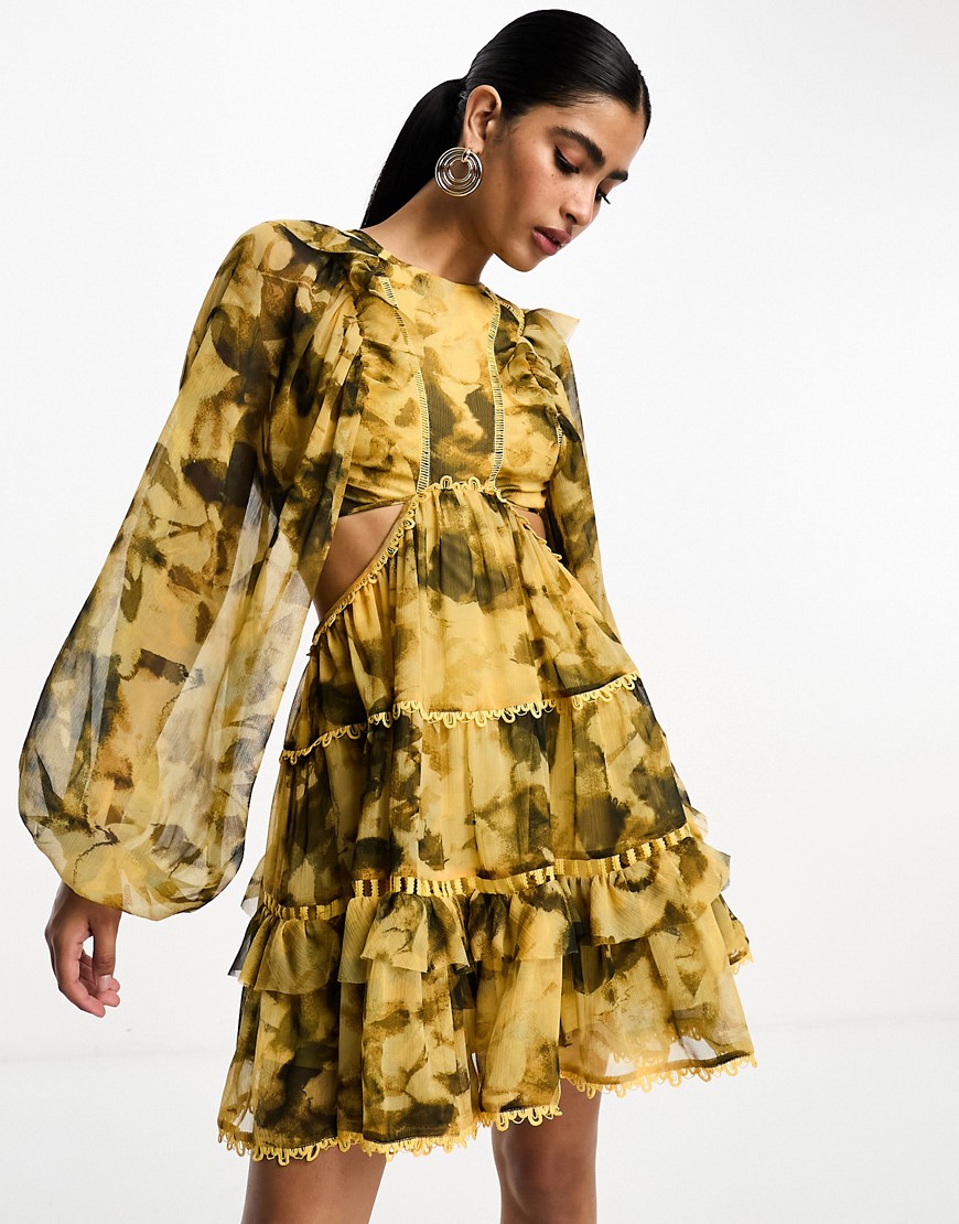 ASOS DESIGN lace insert high neck mini dress in grunge floral print-Multi