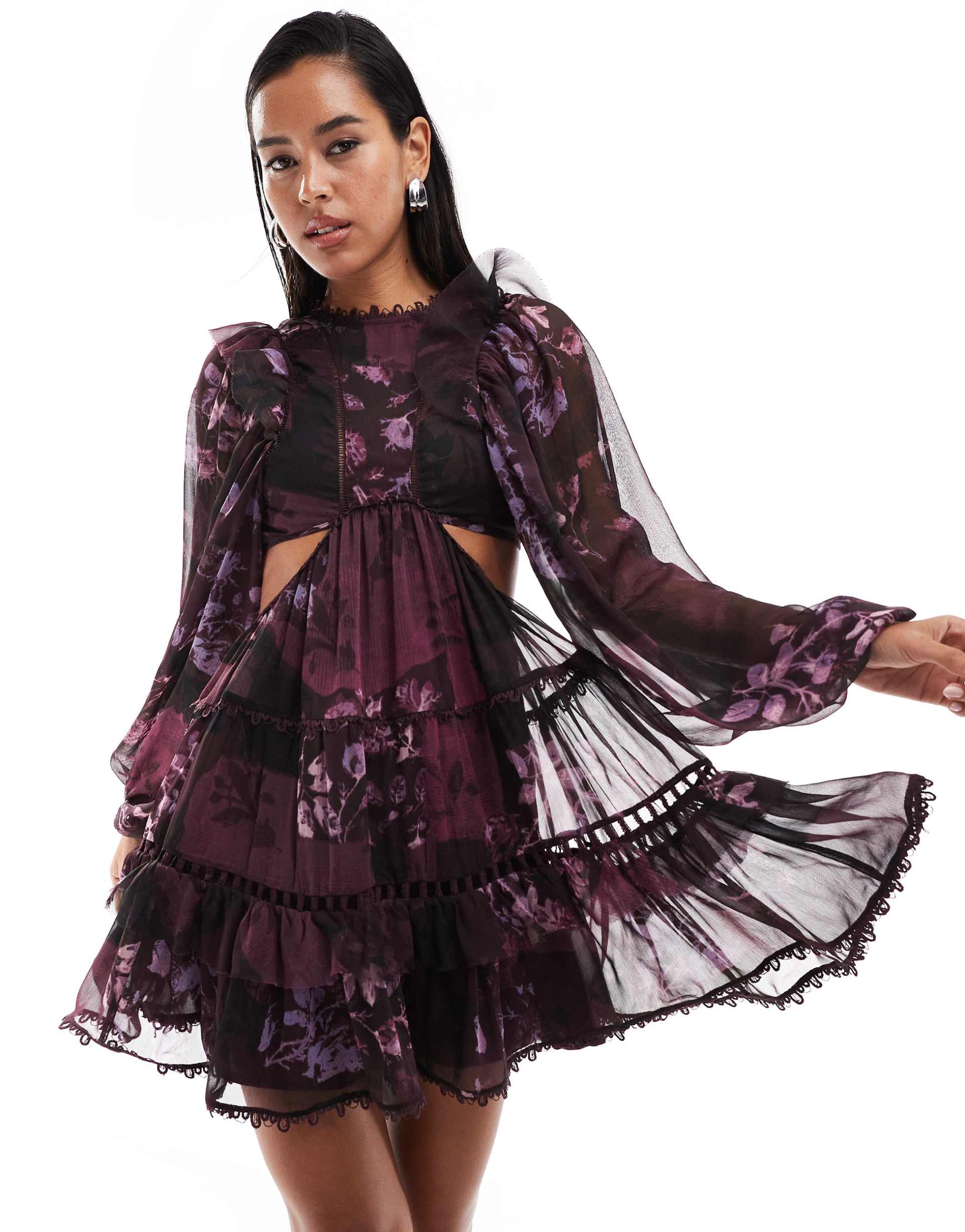 asos design lace insert high neck mini dress with frills in purple floral