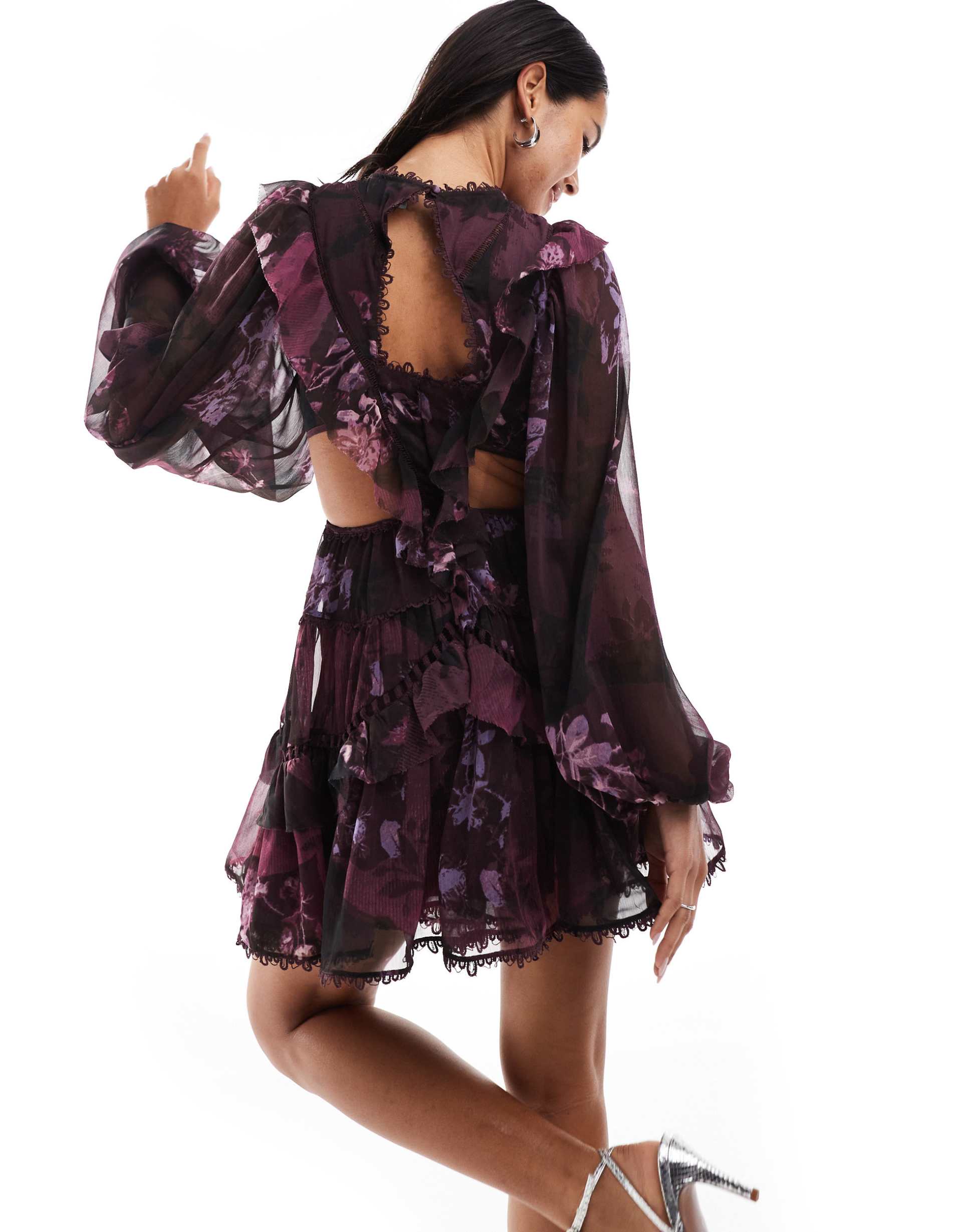 asos design lace insert high neck mini dress with frills in purple floral