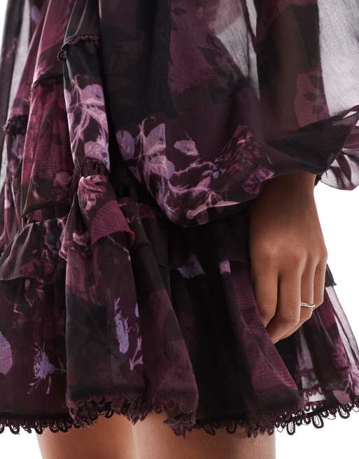 chinese dress ladies Asos Design Collared Lace Mini Dress With Tiered Skirt In Lilac