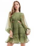 [ASOS DESIGN] ASOS DESIGN lace insert high neck mini dress with frills in sage green 8 Sage green