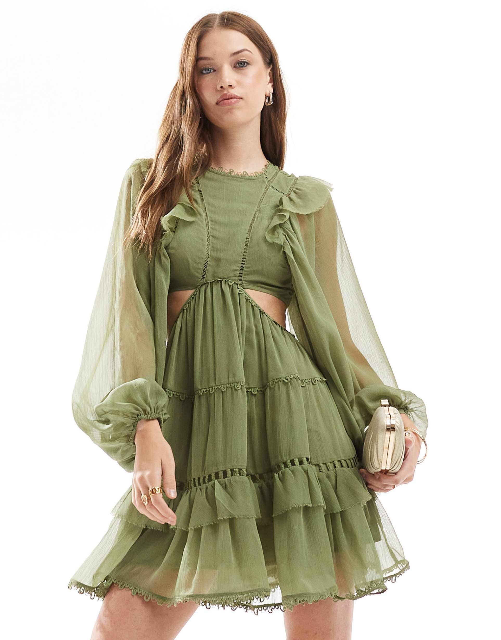 asos design lace insert high neck mini dress with frills in sage green