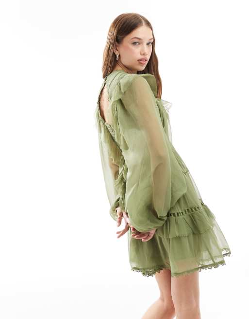 ASOS DESIGN lace insert high neck mini dress with frills in sage green