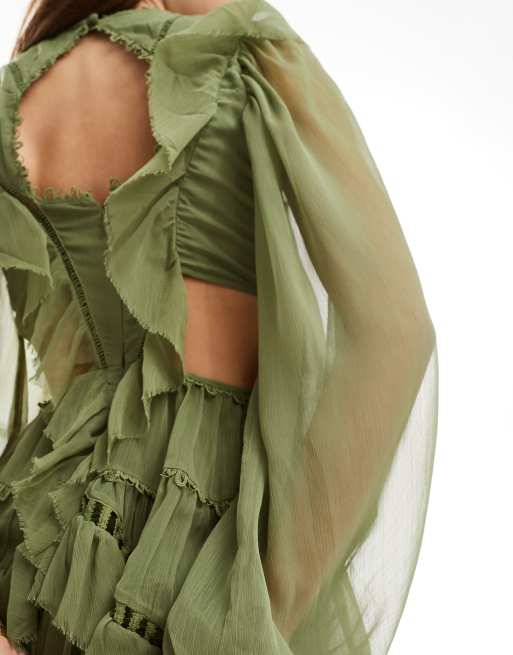ASOS DESIGN lace insert high neck mini dress with frills in sage green