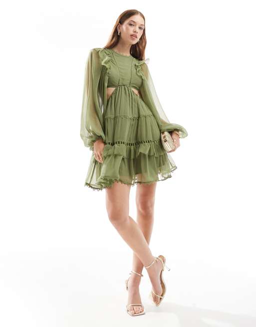 ASOS DESIGN lace insert high neck mini dress with frills in sage green