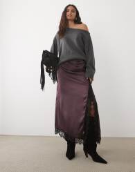 ASOS DESIGN lace insert high split satin midi skirt in brown