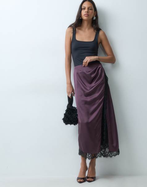 ASOS DESIGN lace insert high split satin midi skirt in brown