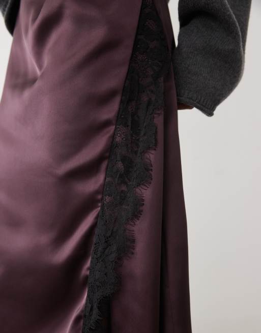 ASOS DESIGN lace insert high split satin midi skirt in brown, 4 of 5
