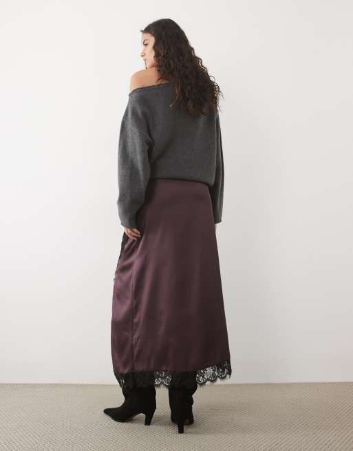 ASOS DESIGN lace insert high split satin midi skirt in brown, 5 of 5
